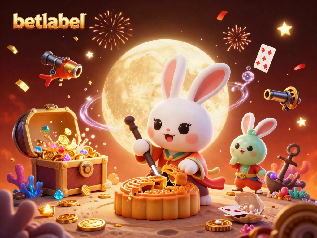 Betlabel casino's vibrant 3D illustration showcases a moon rabbit and jade friend amidst poker chips.