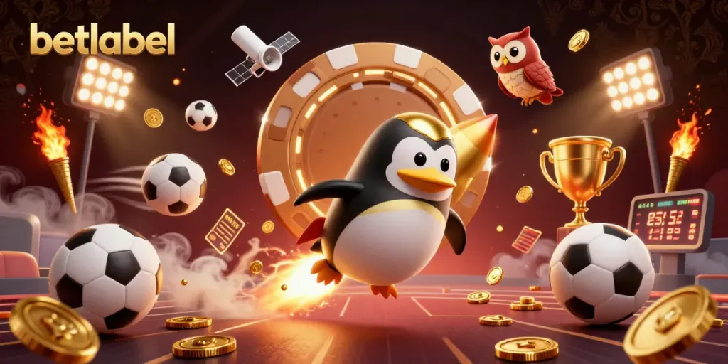 Betlabel ignites excitement with a golden penguin cruising to a casino in space, showcasing vibrant sports elements.