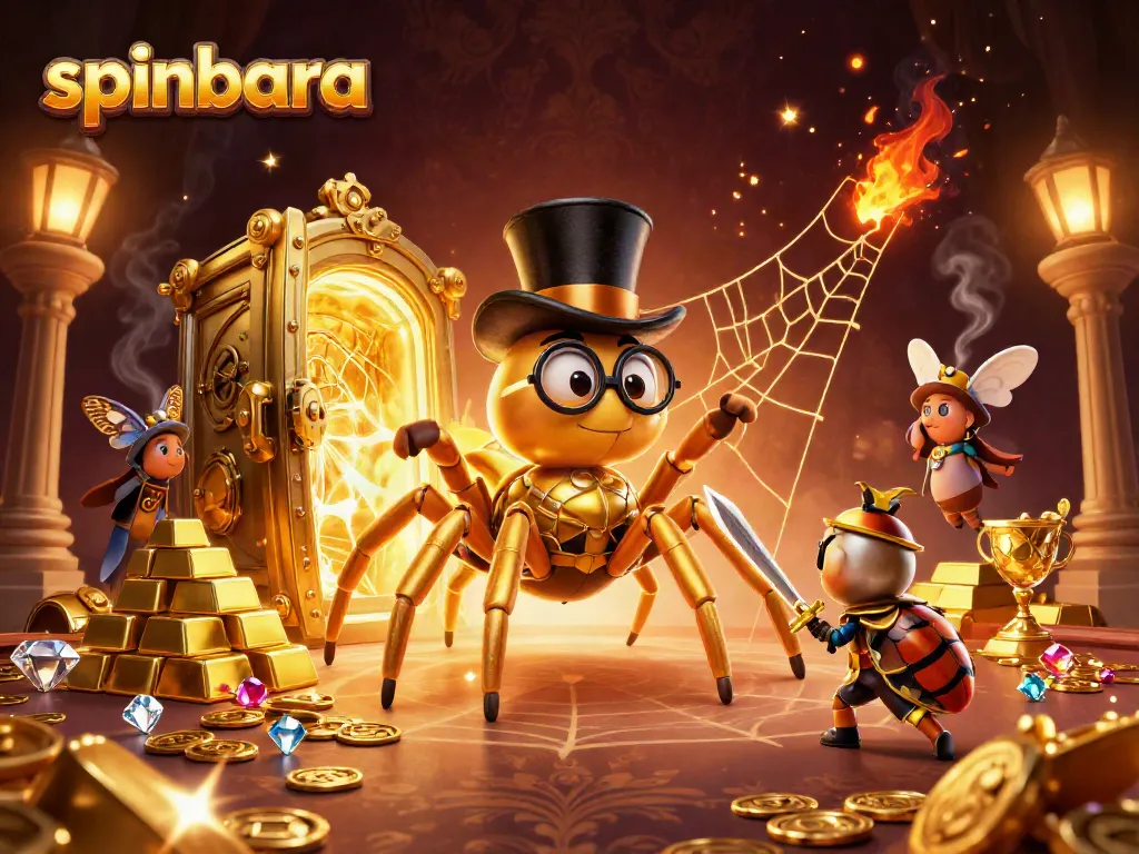Spinbara captures excitement with a golden tarantula and beetle knight in this immersive casino scene.