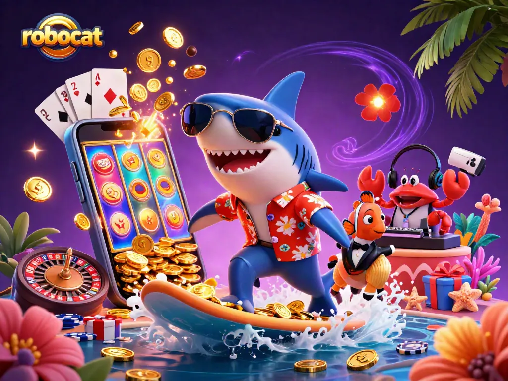 Engage with robocat-themed casino excitement in a vibrant 3D scene featuring lively characters and gaming elements.