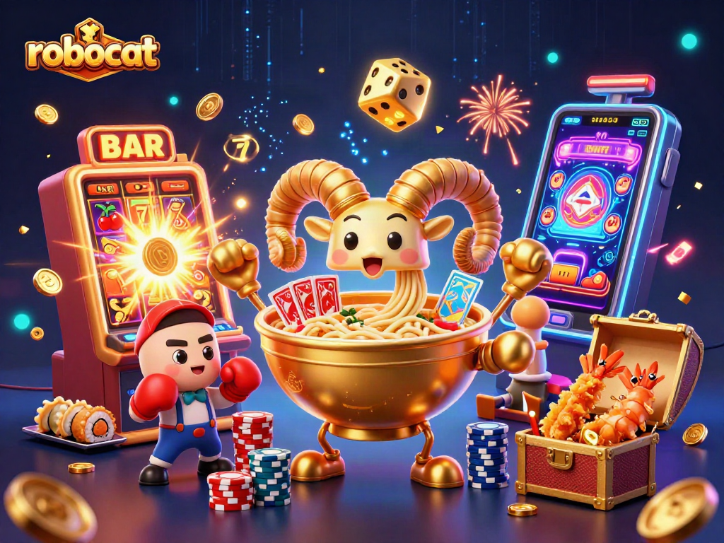 Experience the thrill of robocat casino with a vibrant scene of playful characters, spinning slot machines, and dynamic casino elements.
