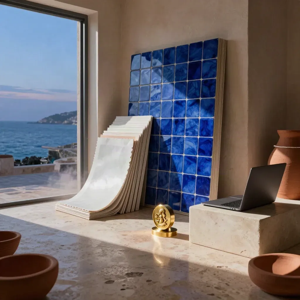 Atelier mediterráneo con azulejos cobalto, arcilla terracota y portátil cerrado en luz azul.