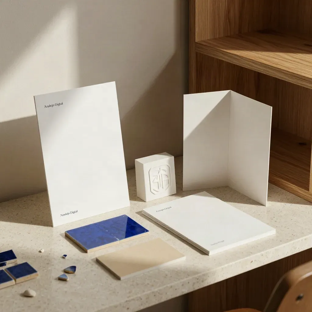 Identidad de marca con azulejos, tarjetas de color, papelería y emblema en un taller luminoso.