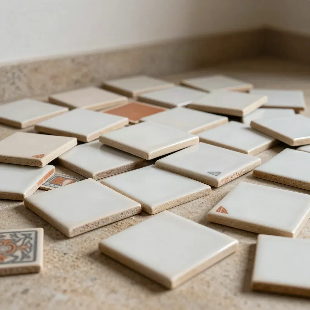 Tramas de azulejo y tarjetas de motivo sobre una bandeja de piedra, en tonos arena y terracota.