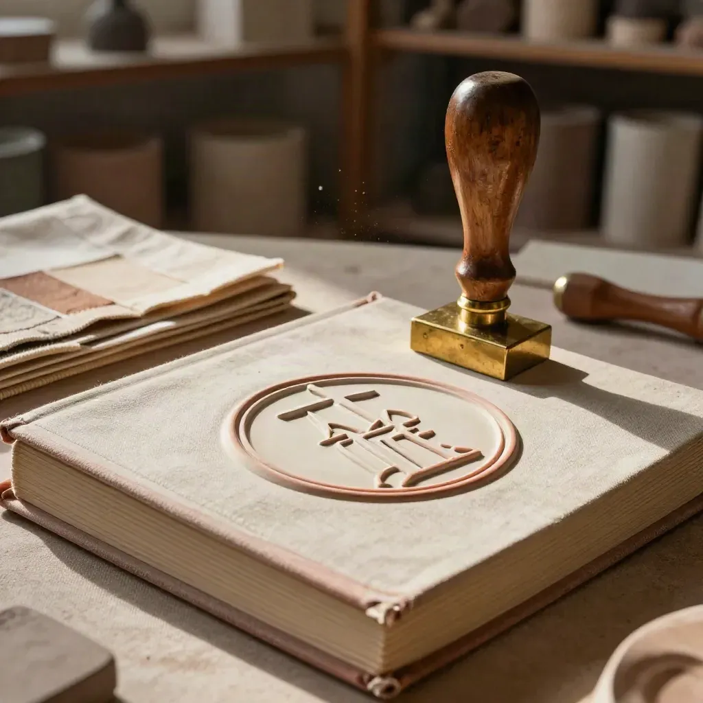 Emblema de cerámica, sello de latón y muestras de lino en un taller cálido.