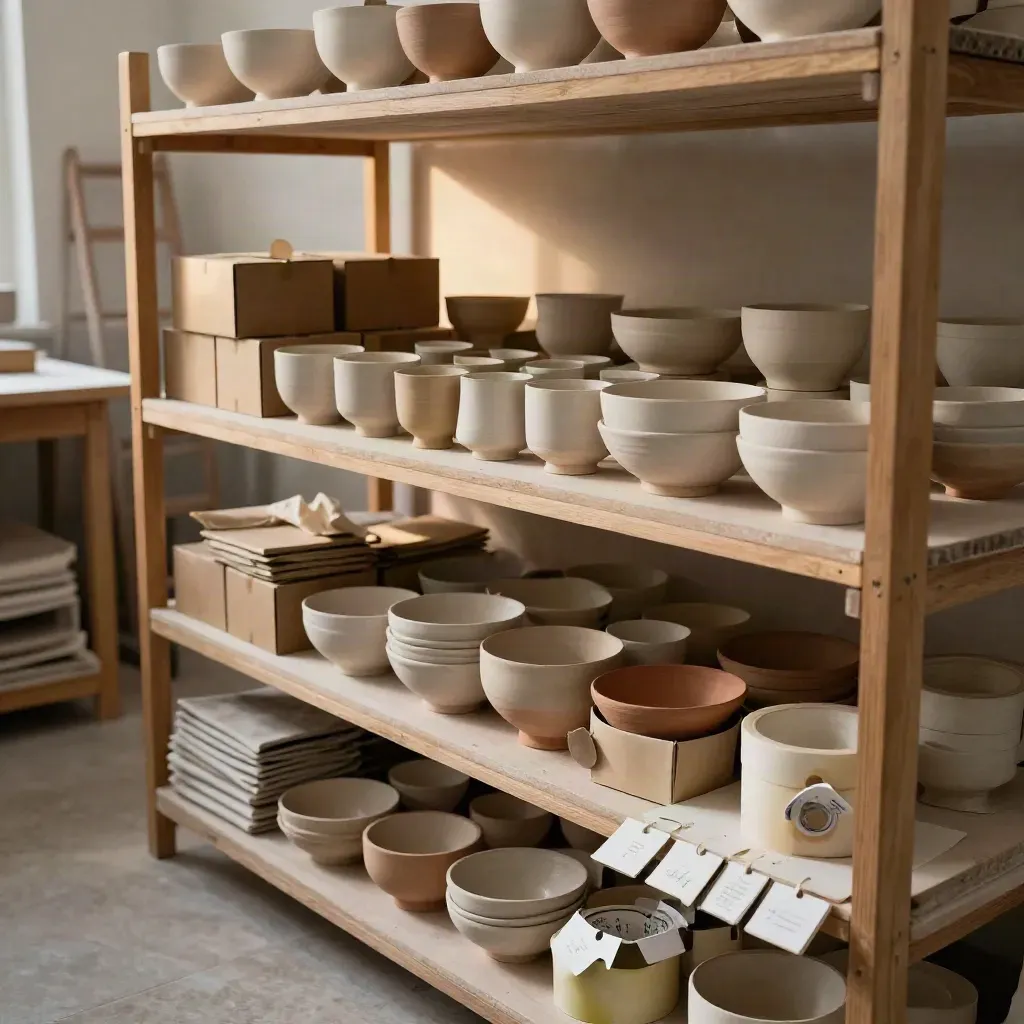 Estantería de taller cerámico con piezas únicas, cajas de envío y mesa de empaquetado limpia.