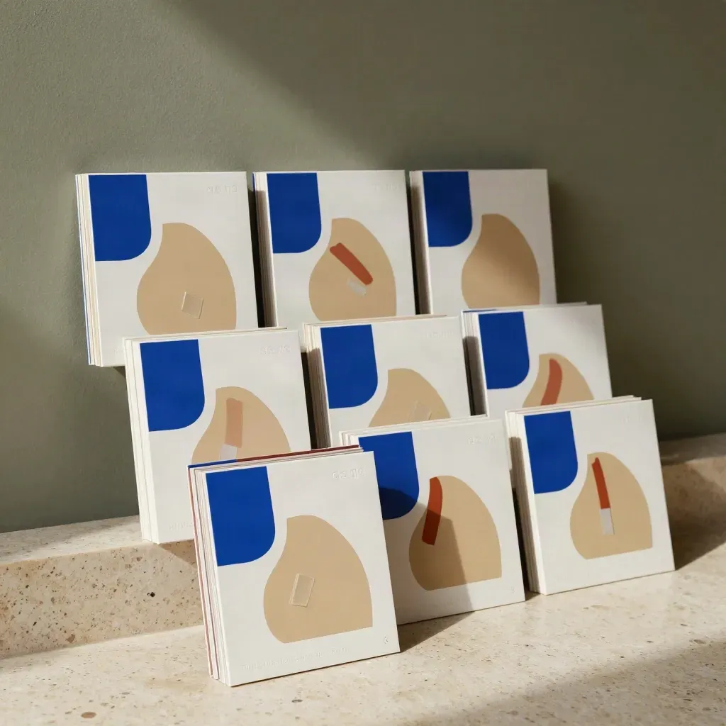 Tarjetas cuadradas de plantillas sociales con recortes azules sobre suelo de travertino.