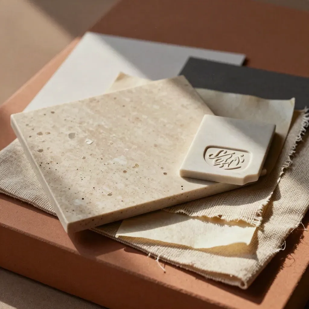 Moodboard artesanal de cerámica, lino crudo, piedra y papel sobre base terracota.