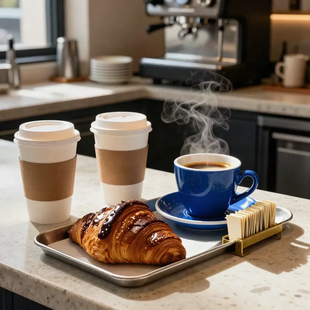 Mostrador de café con vapor, bollería, vasos para llevar y bandeja de desayuno en movimiento