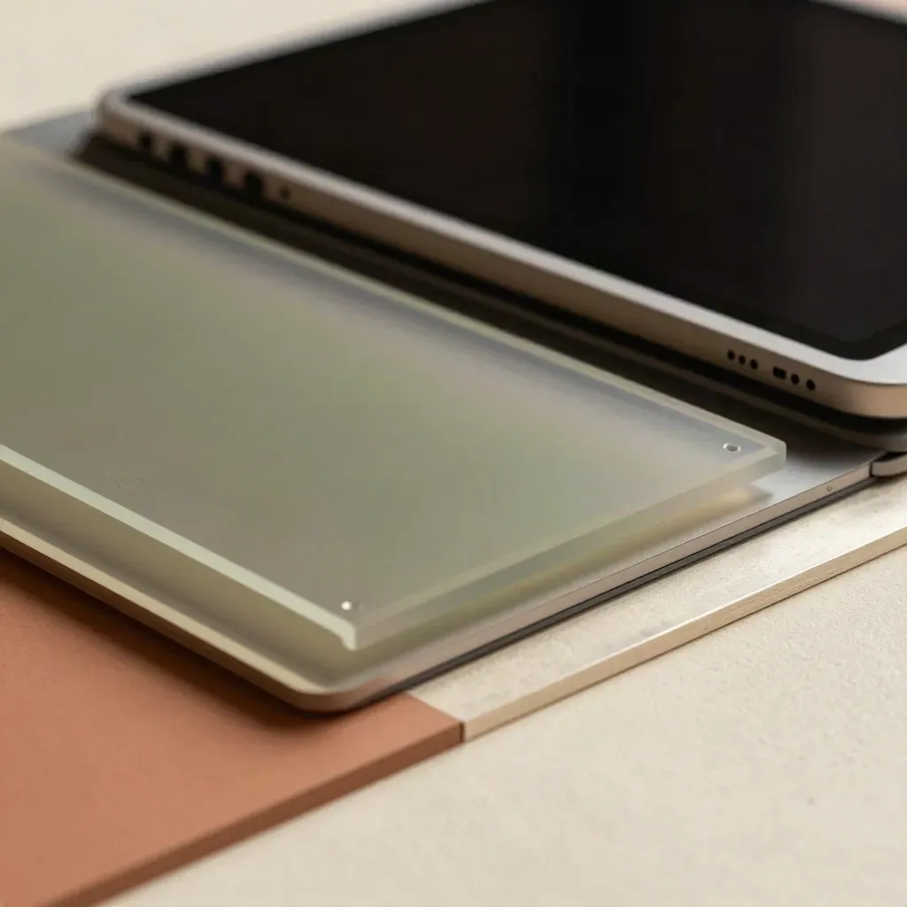 Paneles acrílicos, trackpad y tableta cerrada en luz rasante terracota