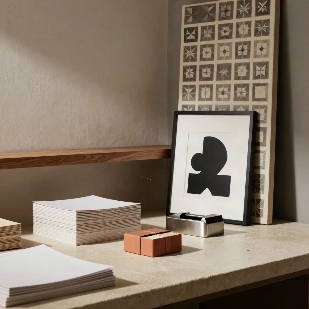 Estudio minimalista con papelería, panel de patrón y marco abstracto sobre estante neutro.