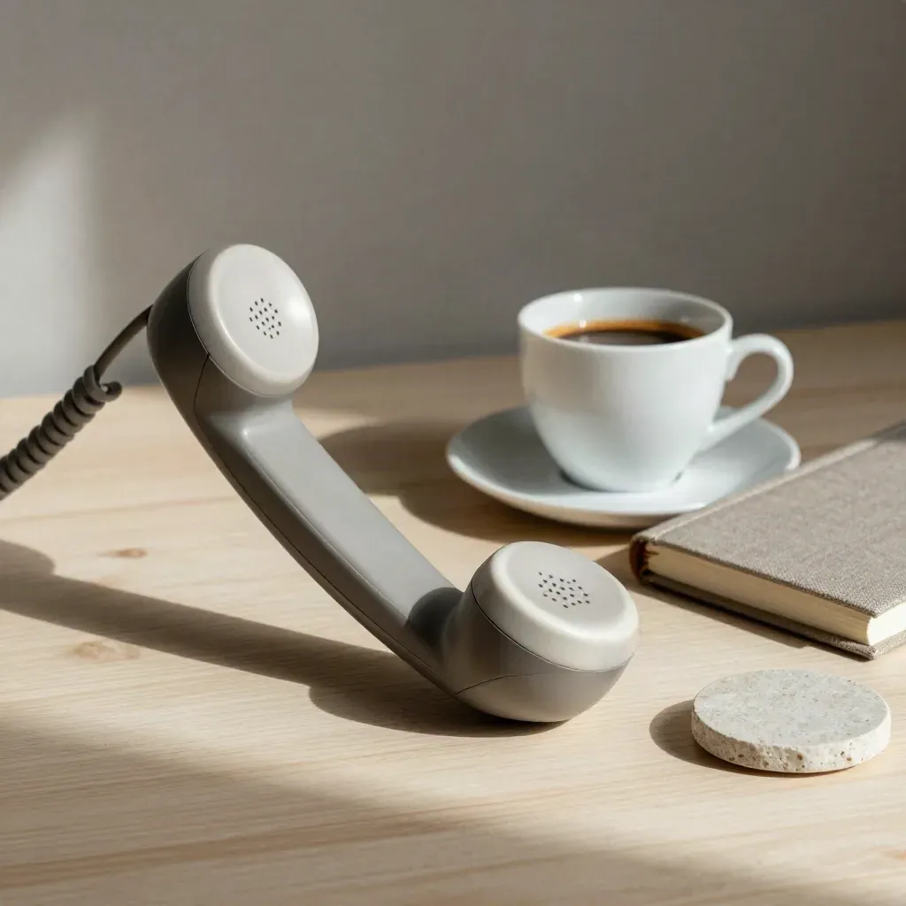 Auricular telefónico, taza de espresso y libreta cerrada sobre madera clara, luz suave lateral.