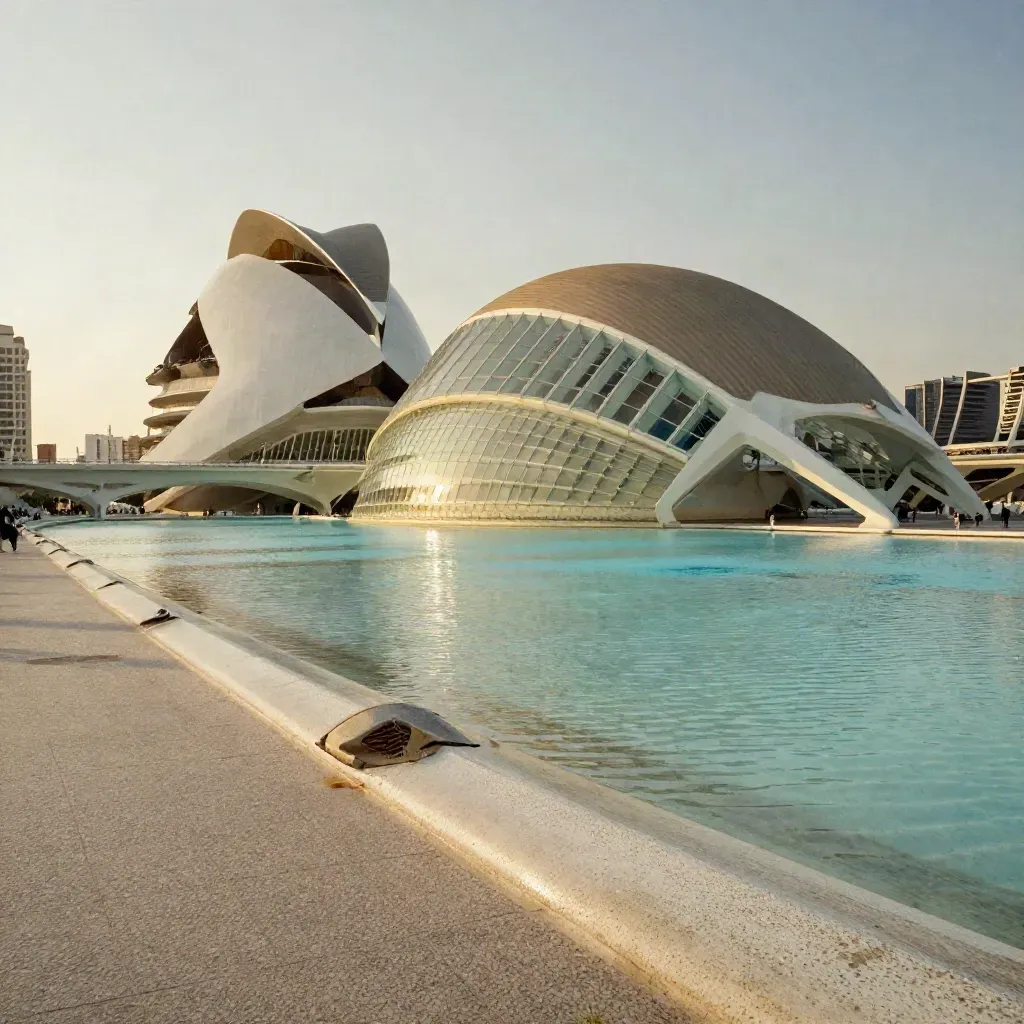 La Ciudad de las Artes y las Ciencias de Valencia sobre una plaza amplia y vacía.