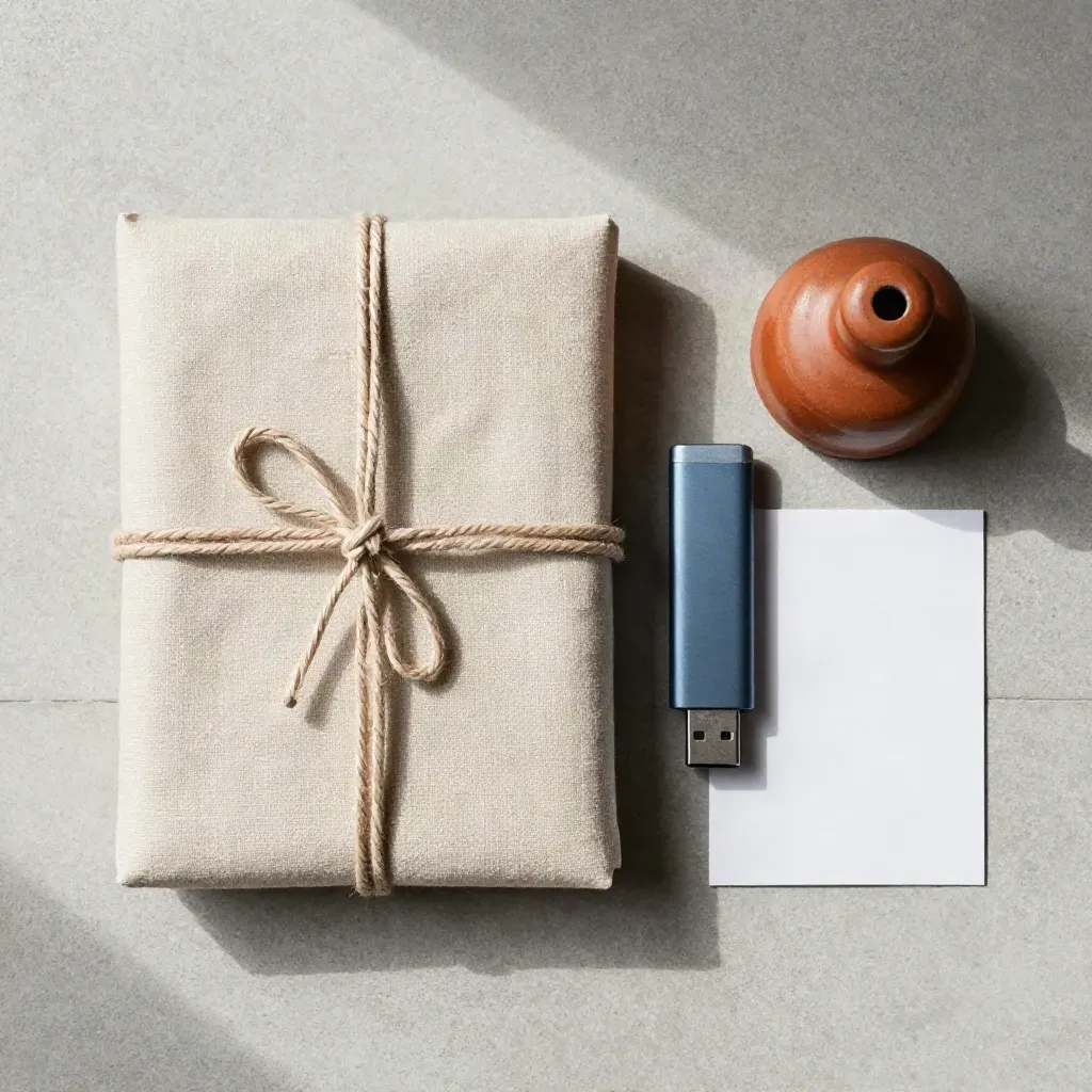 Paquete final con cinta de lino, USB y peso cerámico sobre concreto claro.