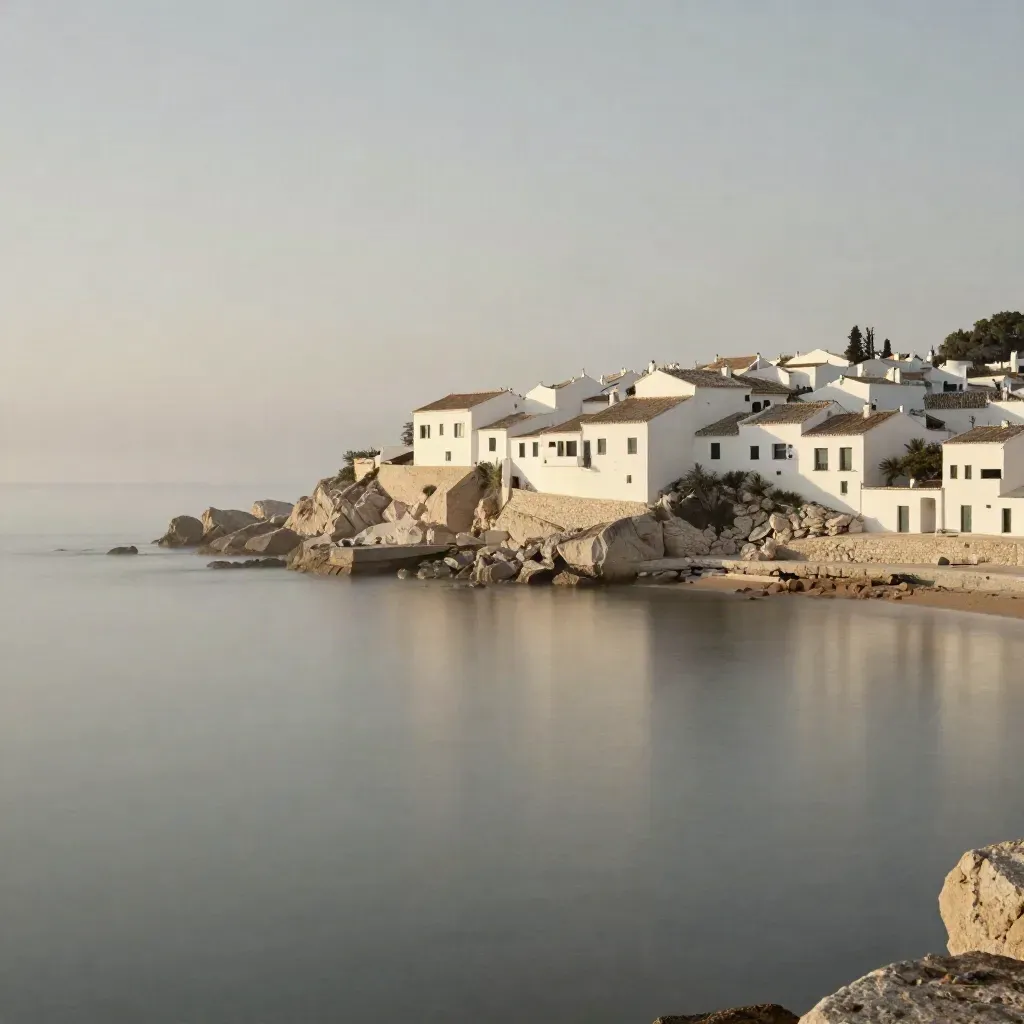 Caserío blanco sobre la Costa Blanca al amanecer, mar quieto y bruma salina.