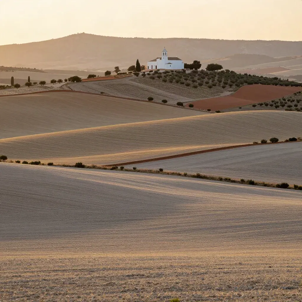Huerta murciana al atardecer con iglesia lejana sobre una colina y campo en calma.