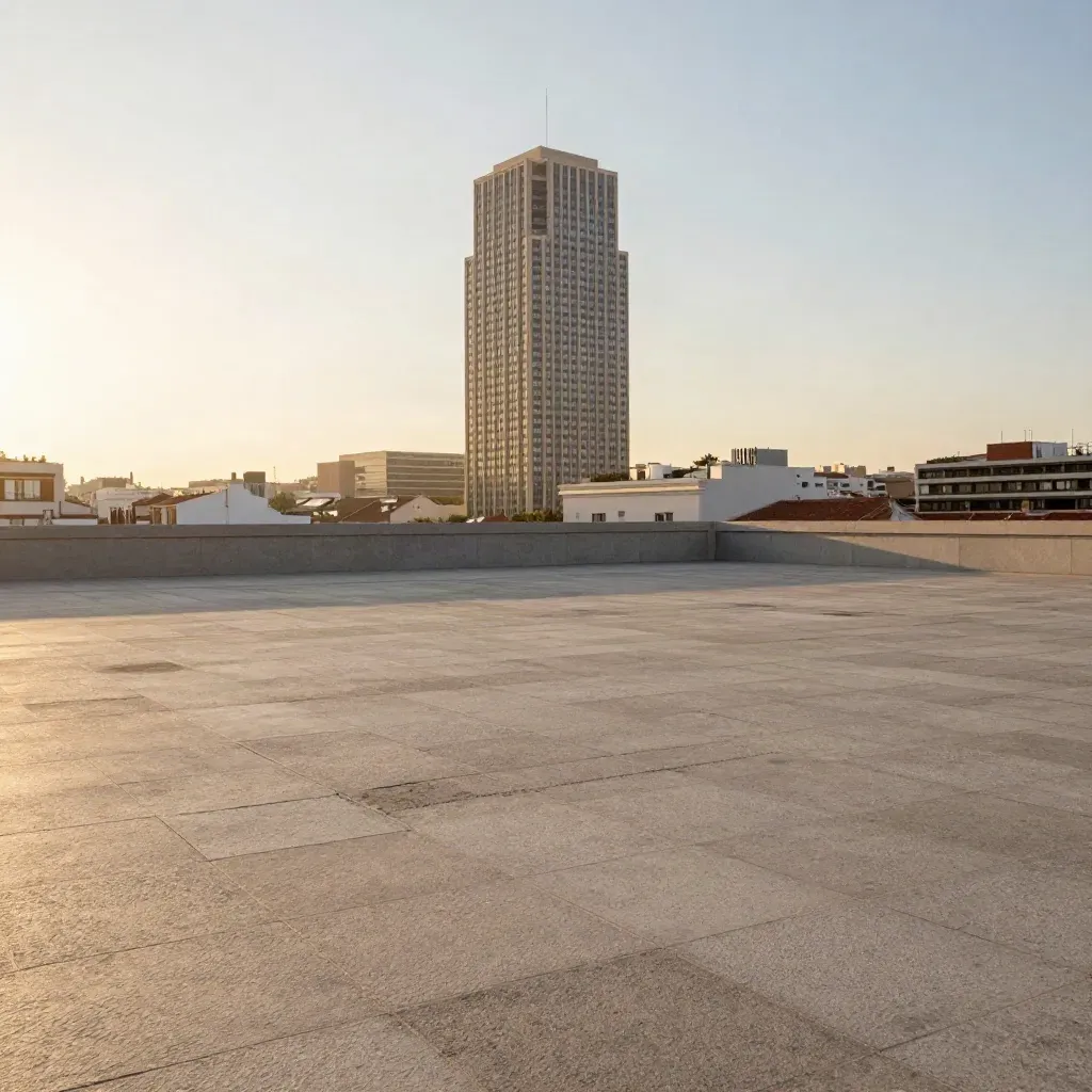 Madrid al atardecer con las Cuatro Torres sobre una gran plaza de piedra vacía.