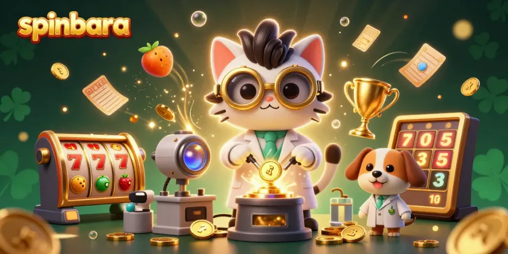 Spinbara spins to victory with a cartoon scientist and dog amidst thrilling slot elements and golden coins.
